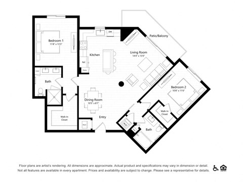 Floor plan for 2 beds, 2 baths, 1237 sqft